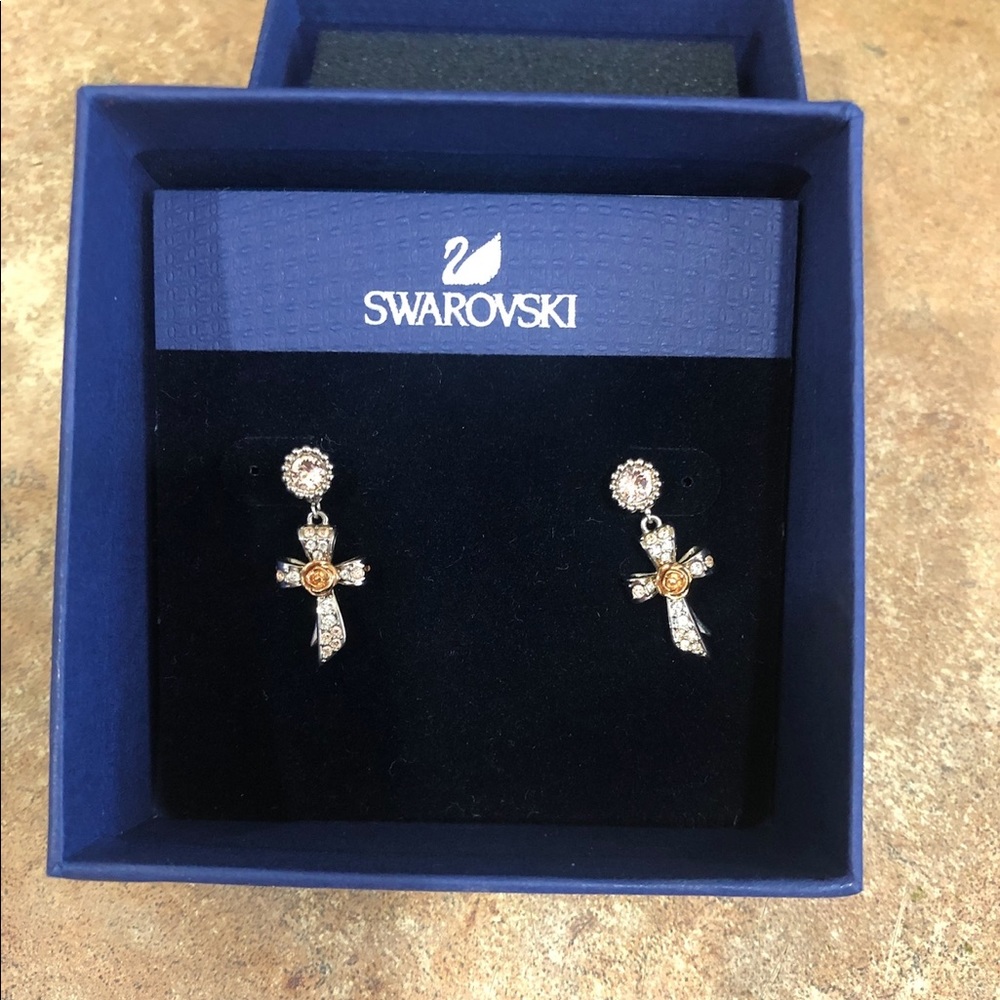 Cross with Rose Swarovski Stud Earrings